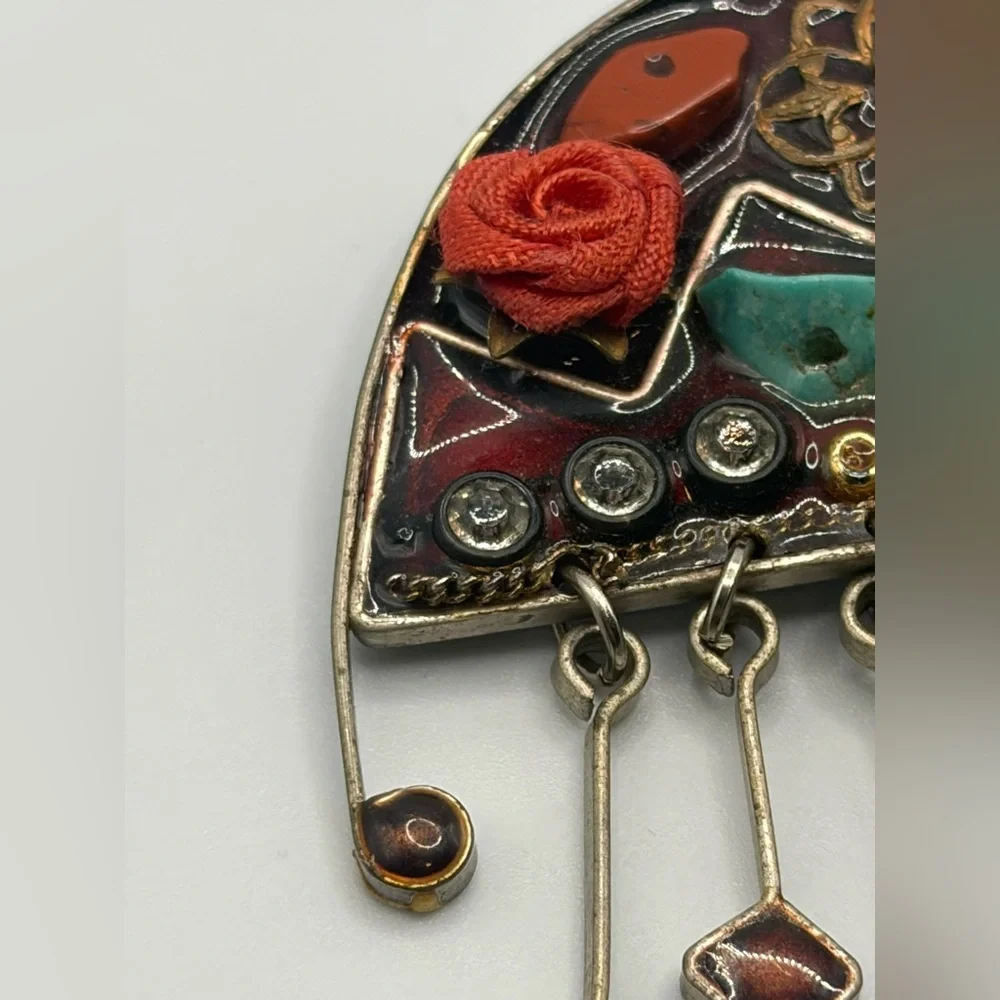 Vintage Artist Signed Handmade Mixed Media Boho Artsy Dangle Brooch Pin